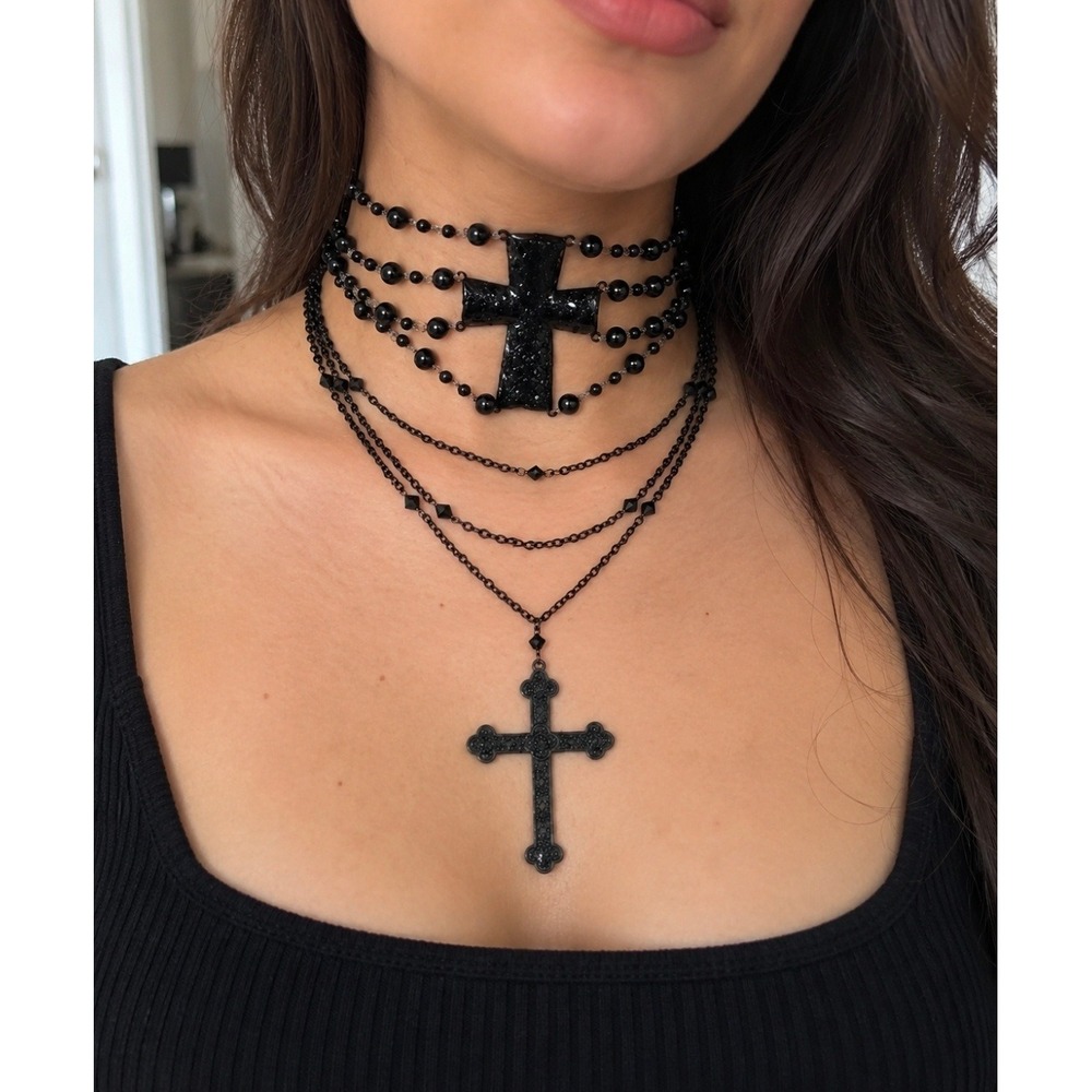 Black Gothic Layered Cross Necklace Set Beaded Choker & Pendant Chain Jewelry